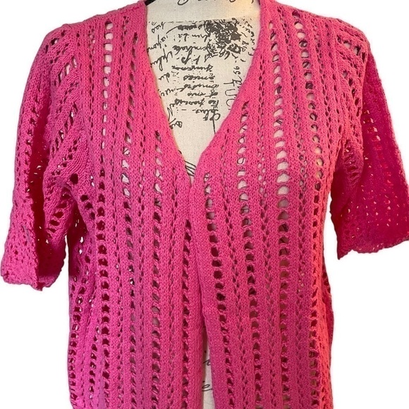 Jessica London pink long crochet knit cardigan sweater size 12 NWOT - Picture 2 of 6